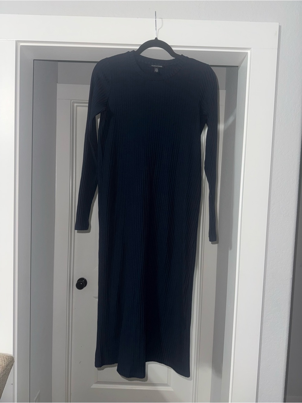 Eileen Fisher Navy Blue Ribbed Long-Sleeve Maxi Dress
